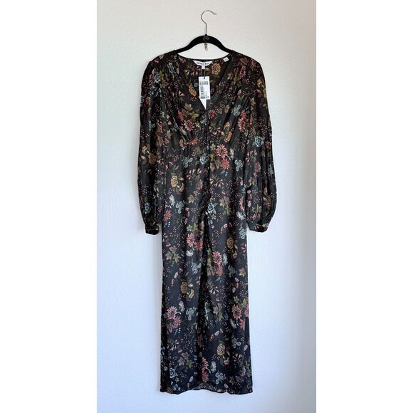 NWT Veronica Beard Terina Gathered Floral-Print Silk-Blend Midi Dress in Black 0 - Picture 7 of 16